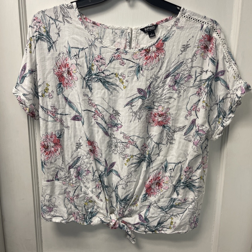 Buffalo David Bitton Women's Top Size Large White Floral Tie Front Scoop Neck